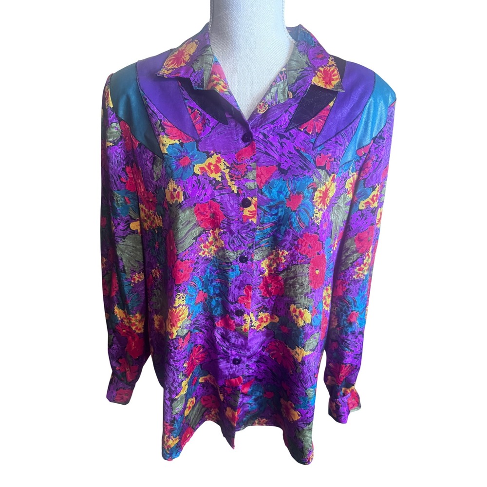 Lori of California Vintage 80s Floral Western Yoke Blouse Purple Teal Size 14